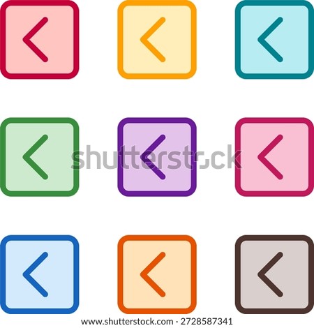 Vector illustration of nine colorful square chevron left, rendered in a clean duotone style with bold outlines