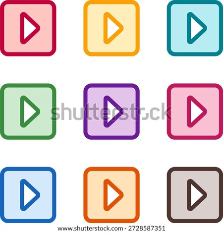 Vector illustration of nine colorful square caret right, rendered in a clean duotone style with bold outlines