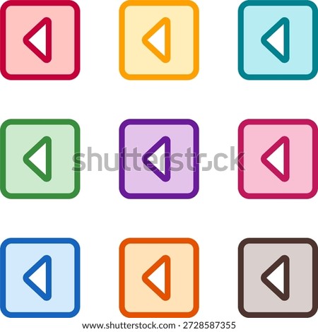 Vector illustration of nine colorful square caret left, rendered in a clean duotone style with bold outlines