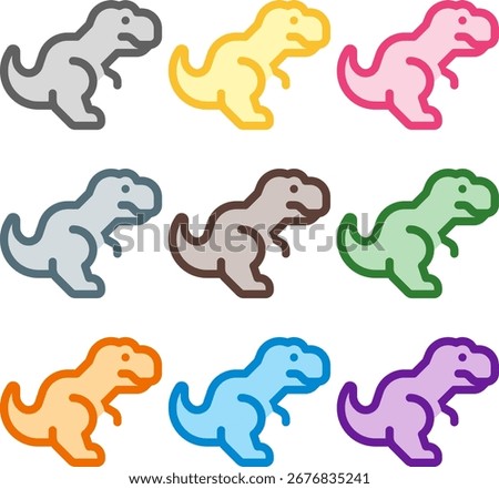 Vector illustration of nine colorful t rex icons, rendered in a clean duotone style with bold outlines