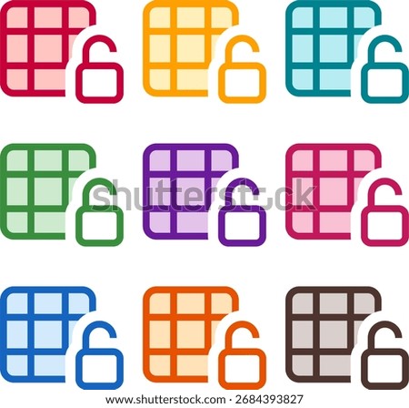 Vector illustration of nine colorful table cells unlock, rendered in a clean duotone style with bold outlines
