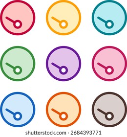 Vector illustration of nine colorful tachometer slowest, rendered in a clean duotone style with bold outlines