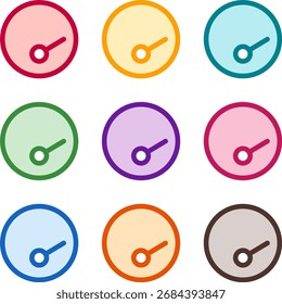 Vector illustration of nine colorful tachometer fastest, rendered in a clean duotone style with bold outlines