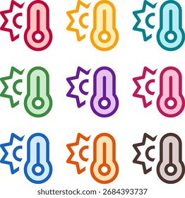 Ilustración vectorial de nueve colores de temperatura solar, renderizado en un estilo duotono limpio con contornos audaces