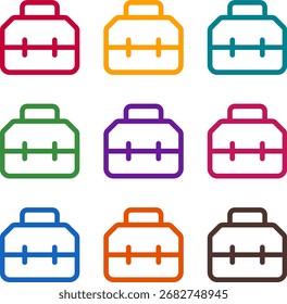 Ilustración vectorial de nueve coloridas cajas de herramientas, renderizadas en un estilo duotono limpio con contornos audaces