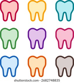Vector illustration of nine colorful tooth, rendered in a clean duotone style with bold outlines