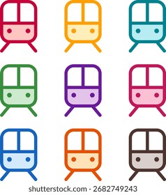 Vector illustration of nine colorful train subway, rendered in a clean duotone style with bold outlines