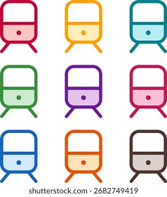 Ilustración vectorial de nueve trenes coloridos, renderizados en un estilo duotono limpio con contornos audaces