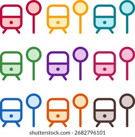 Ilustração vetorial de nove paradas de trem coloridas, renderizadas em um estilo duotônico limpo com contornos em negrito