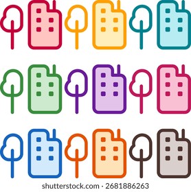 Vector illustration of nine colorful tree city, rendered in a clean duotone style with bold outlines