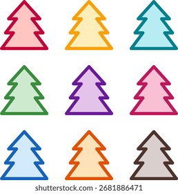 Ilustración vectorial de nueve árboles coloridos Grandes, representados en un estilo duotono limpio con contornos audaces