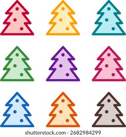 Vector illustration of nine colorful tree decorated, rendered in a clean duotone style with bold outlines