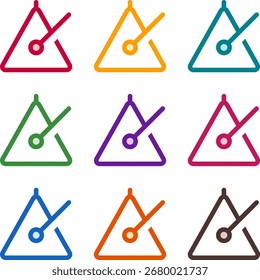 Ilustração vetorial de nove instrumento triangular colorido, renderizado em um estilo duotônico limpo com contornos em negrito