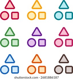 Ilustración vectorial de nueve cuadrados triangulares de colores, representados en un estilo duotono limpio con contornos audaces