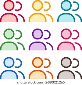 Vector illustration of nine colorful user friends, rendered in a clean duotone style with bold outlines