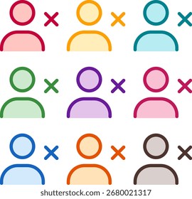 Vector illustration of nine colorful user xmark, rendered in a clean duotone style with bold outlines