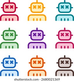Vector illustration of nine colorful user robot xmarks, rendered in a clean duotone style with bold outlines
