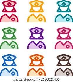 Ilustración vectorial de nueve coloridos cabellos policiales de usuario largos, renderizados en un estilo duotono limpio con contornos audaces