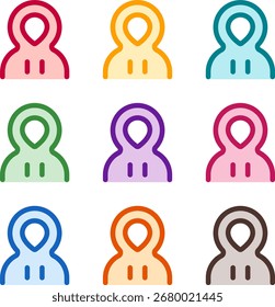 Ilustração vetorial de nove capuz colorido do usuário, renderizado em um estilo duotônico limpo com contornos em negrito