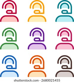 Ilustração vetorial de nove headsets coloridos do usuário, renderizados em um estilo duotônico limpo com contornos em negrito
