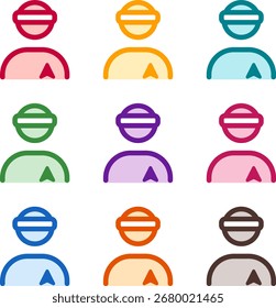 Ilustración vectorial de nueve viseras de usuario coloridas, renderizadas en un estilo duotono limpio con contornos audaces