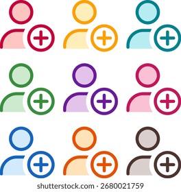 Vector illustration of nine colorful user circle plus, rendered in a clean duotone style with bold outlines