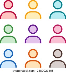 Ilustração vetorial de nove usuários coloridos, renderizada em um estilo duotônico limpo com contornos em negrito