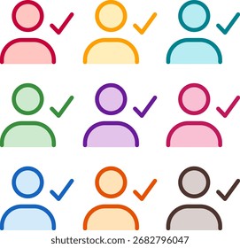 Vector illustration of nine colorful user check, rendered in a clean duotone style with bold outlines