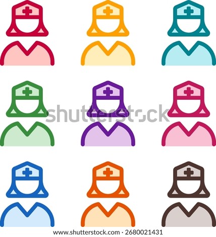 Vector illustration of nine colorful user nurse hair long, rendered in a clean duotone style with bold outlines
