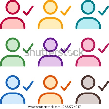 Vector illustration of nine colorful user check, rendered in a clean duotone style with bold outlines