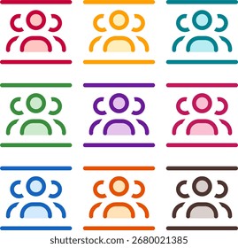 Vector illustration of nine colorful users between lines, rendered in a clean duotone style with bold outlines