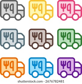 Ilustração vetorial de nove utensílios coloridos ícones de caminhão, renderizados em um estilo duotônico limpo com contornos arrojados