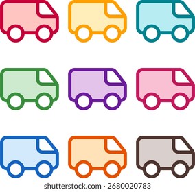 Ilustración vectorial de nueve furgonetas coloridas, renderizadas en un estilo duotono limpio con contornos audaces