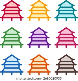 Vector illustration of nine colorful vihara, rendered in a clean duotone style with bold outlines