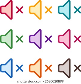 Vector illustration of nine colorful volume mute, rendered in a clean duotone style with bold outlines