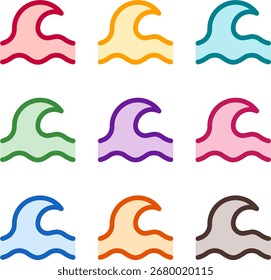 Vector illustration of nine colorful wave, rendered in a clean duotone style with bold outlines
