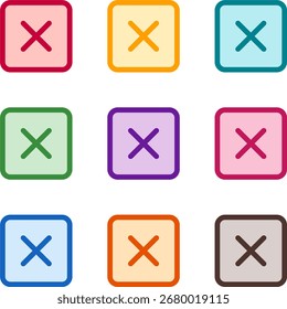 Vector illustration of nine colorful xmark square, rendered in a clean duotone style with bold outlines