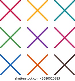 Vector illustration of nine colorful xmark large, rendered in a clean duotone style with bold outlines