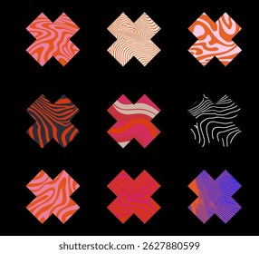 Vector illustration with nine cross shapes, each filled with unique, colorful and wavy abstract patterns. The vibrant crosses stand out against a solid black background, perfect for modern design.