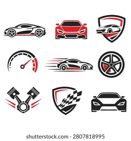 Vector illustration of nine different car icons including vintage roadster sedan hatchback and sports car