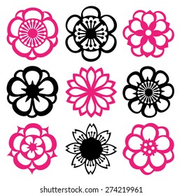 A vector illustration of nine different flower filigree inspired by the japanese kirigami art.