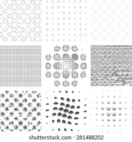 Vector illustration with nine different halftone patterns. Gray color
