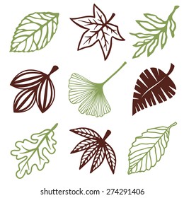 A vector illustration of nine different leaf filigree design elements.