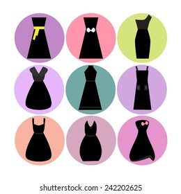 Vector illustration of nine different little black dresses.
