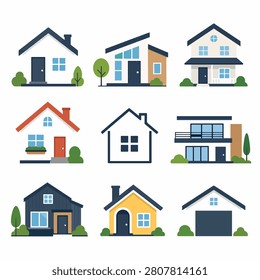 Vector illustration of nine different modern suburban houses with varied colors and styles