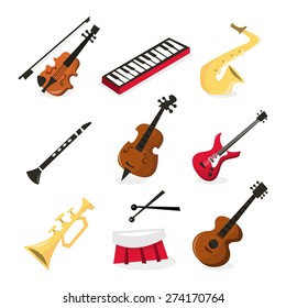 Ilustración vectorial de nueve íconos musicales diferentes. Incluido en este conjunto: - violín, teclado, saxofón, clarinete, bajo doble, guitarra eléctrica, trompeta, tambor y guitarra.