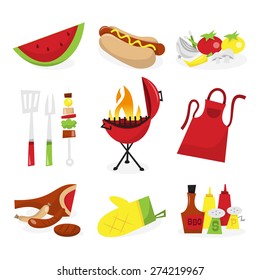 A vector illustration of nine different summer barbecue theme icons like watermelon, hot dog, vegetables, utensil, kebab, red kettle barbecue grill , apron, raw meat, kitchen glove and condiments.