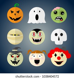 Vector illustration of nine halloween monsters faces