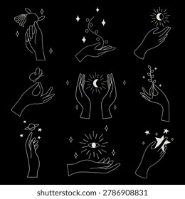 Vector illustration of nine minimalist hand designs, each holding different celestial and natural elements, on a black background with white outlines.