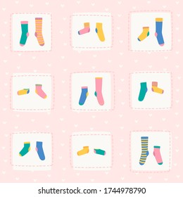 Vector illustration of nine pairs of colorful socks. Different socks in pair. Hearts on pink background.